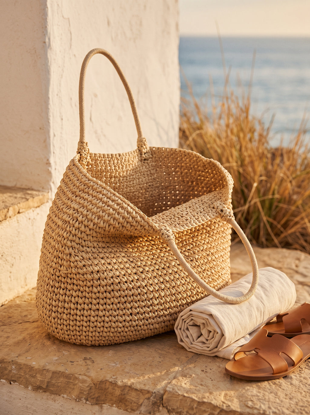 Bolso Duna de paja en beige apoyado en un escalón de piedra junto al mar