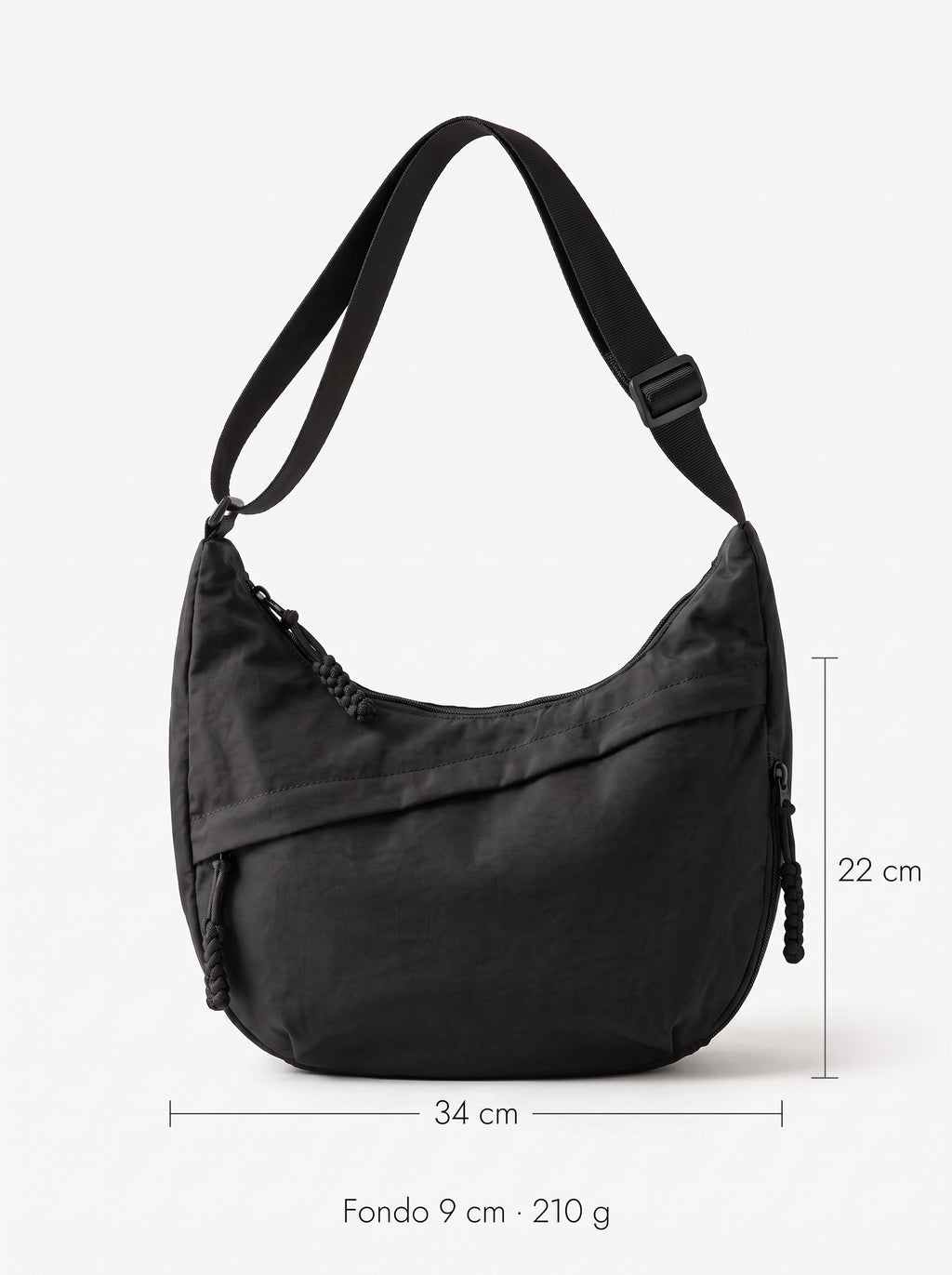 Medidas del bolso Nara: 34 cm de ancho, 22 cm de alto, 9 cm de fondo y 210 g