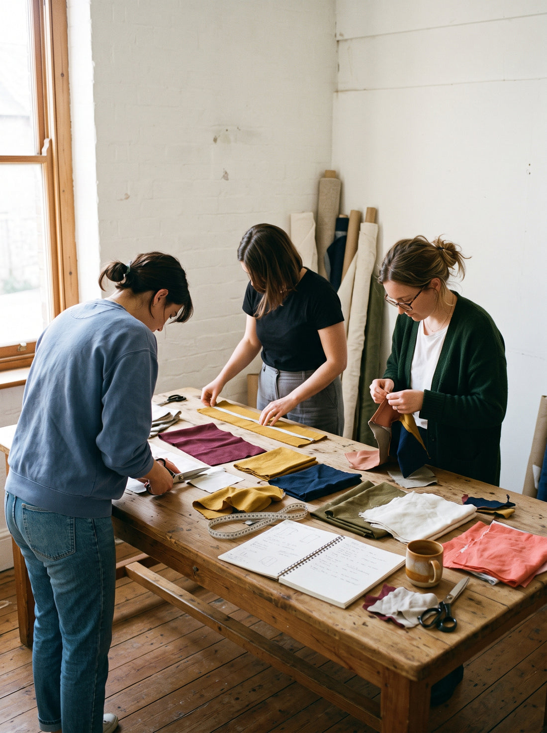 Tres mujeres del equipo de SENAROA eligiendo tejidos sobre una mesa de madera en el taller